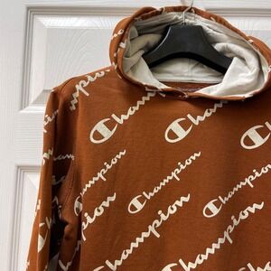 Champion Women's XL Copper AOP Allover Logo Hooded Sweatshirt‎ Reverse Weave